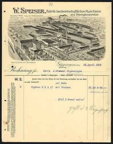 Rechnung Göppingen 1909, W. Speiser, Fabrik landwirtschaftlicher Maschinen, Der Betrieb mit eigener Gleisanlage