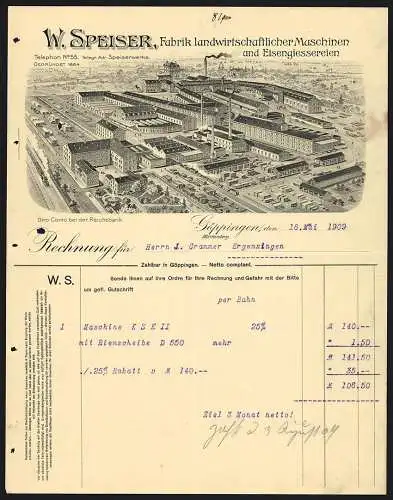 Rechnung Göppingen 1909, W. Speiser, Fabrik landwirtschaftlicher Maschinen, Das Fabrikgelände mit eigener Gleisanlage