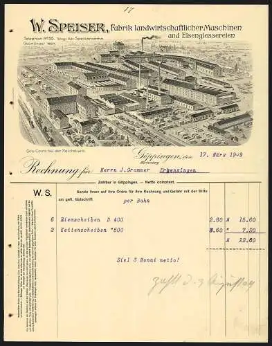 Rechnung Göppingen 1909, W. Speiser, Fabrik landwirtschaftlicher Maschinen, Werksansicht mit Gleisanlage und Lagerplatz