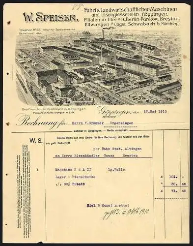 Rechnung Göppingen 1910, W. Speiser, Fabrik landwirtschaftlicher Maschinen, Werksansicht mit Gleisanlage und Lagerplatz
