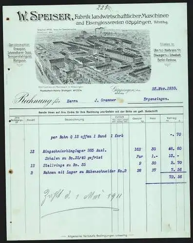 Rechnung Göppingen 1910, W. Speiser, Fabrik landwirtschaftlicher Maschinen, Betrieb mit Gleisanlage und Lagerplatz