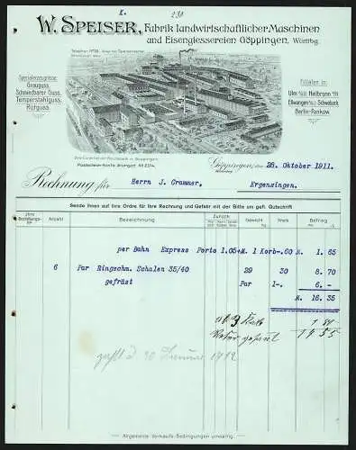 Rechnung Göppingen 1911, W. Speiser, Fabrik landwirtschaftlicher Maschinen, Betrieb mit Gleisanlage und Lagerplatz