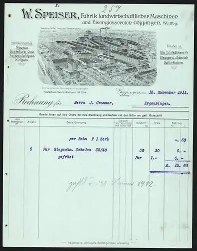 Rechnung Göppingen 1911, W. Speiser, Fabrik landwirtschaftlicher Maschinen, Werk mit Gleisanlage und Lagerplatz