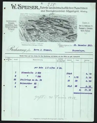 Rechnung Göppingen 1911, W. Speiser, Fabrik landwirtschaftlicher Maschinen, Werk mit Gleisanlage und Lagerplatz