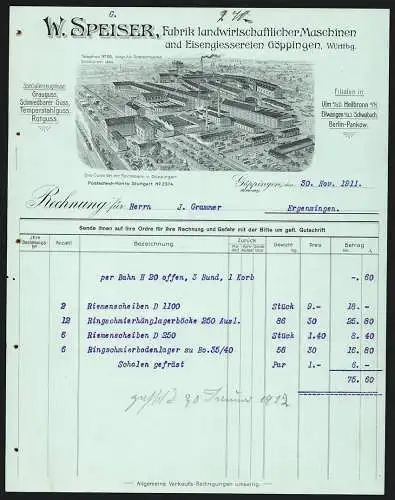 Rechnung Göppingen 1911, W. Speiser, Fabrik landwirtschaftlicher Maschinen, Das Werk mit Gleisanlage und Lagerplatz