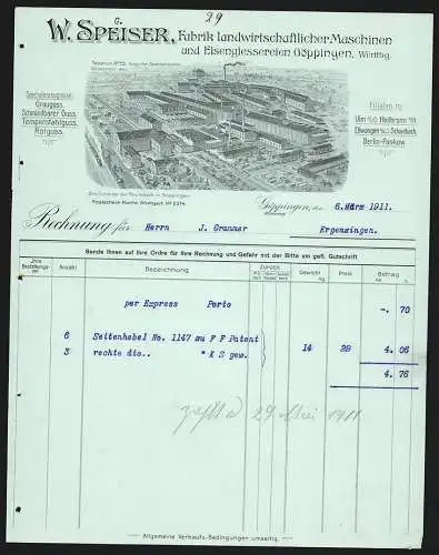 Rechnung Göppingen 1911, W. Speiser, Fabrik landwirtschaftlicher Maschinen, Werksansicht mit Gleisanlage und Lagerplatz
