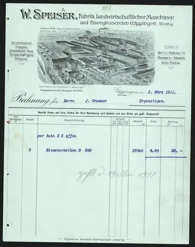 Rechnung Göppingen 1911, W. Speiser, Fabrik landwirtschaftlicher Maschinen, Werkansicht mit Gleisanlage und Lagerplatz