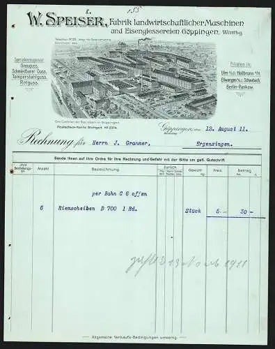 Rechnung Göppingen 1911, W. Speiser, Fabrik landwirtschaftlicher Maschinen, Fabrik mit eigener Gleisanlage