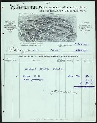 Rechnung Göppingen 1911, W. Speiser, Fabrik landwirtschaftlicher Maschinen, Betrieb mit eigener Gleisanlage