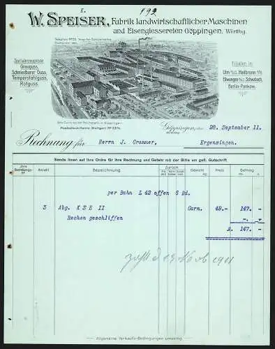 Rechnung Göppingen 1911, W. Speiser, Fabrik landwirtschaftlicher Maschinen, Die Fabrikanlage aus der Vogelschau