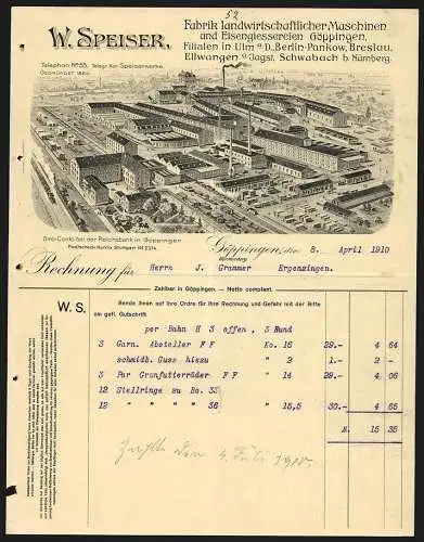 Rechnung Göppingen 1910, W. Speiser, Fabrik landwirtschaftlicher Maschinen, Die Betriebsanlage aus der Vogelschau
