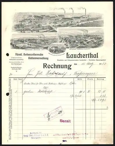 Rechnung Laucherthal 1912, Fürstl. Hohenzollernsche Hüttenverwaltung, Hauptwerk, Zweigstellen und Beamtenwohnung