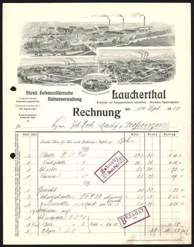 Rechnung Laucherthal 1912, Fürstl. Hohenzollernsche Hüttenverwaltung, Hauptwerk, Zweigstellen und Beamtenwohnung