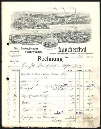 Rechnung Laucherthal 1912, Fürstl. Hohenzollernsche Hüttenverwaltung, Hauptwerk, Zweigwerk, Hüttenwerk und Wohnung