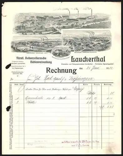 Rechnung Laucherthal 1912, Fürstl. Hohenzollernsche Hüttenverwaltung, Hauptwerk, Zweigwerk, Hüttenwerk und Wohnung