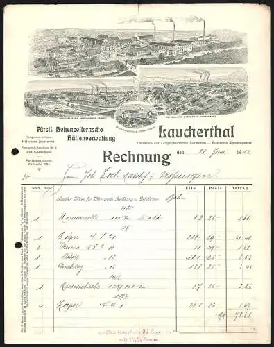 Rechnung Laucherthal 1912, Fürstl. Hohenzollernsche Hüttenverwaltung, Hauptwerk, Zweigwerk, Hüttenwerk und Wohnung