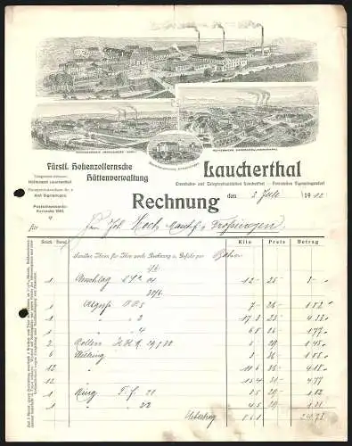 Rechnung Laucherthal 1912, Fürstl. Hohenzollernsche Hüttenverwaltung, Hauptwerk, Zweigstellen und Beamtenwohnung