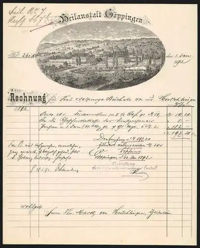 Rechnung Göppingen 1892, Heilanstalt, Totalansicht des Geschäftsgeländes