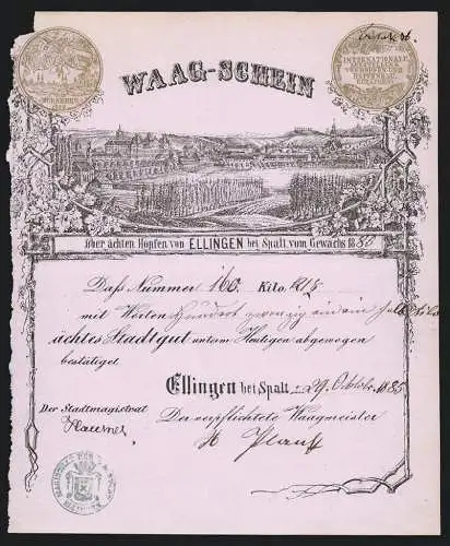 Rechnung Ellingen bei Spalt 1885, Waag-Schein, Hopfenverkauf, Anbaugebiet vor der Ortschaft, Auszeichnung
