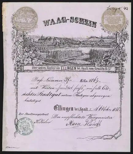 Rechnung Ellingen bei Spalt 1880, Waag-Schein, Hopfenverkauf, Anbaugebiet bei der Ortschaft, Auszeichnung