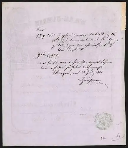 Rechnung Ellingen bei Spalt 1880, Waag-Schein, Hopfenverkauf, Anbaugebiet bei der Ortschaft, Auszeichnung