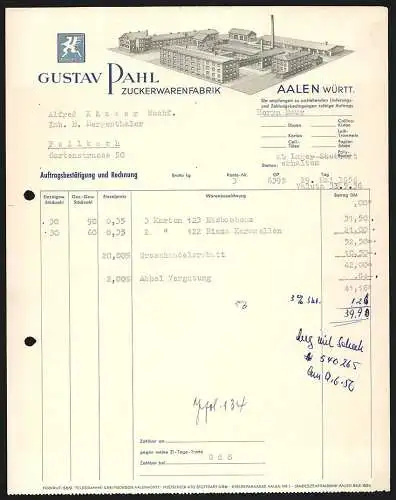 Rechnung Aalen /Württ. 1956, Gustav Pahl, Zuckerwarenfabrik, Modellansicht der Betriebsanlage, Greif-Fabrikmarke