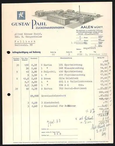 Rechnung Aalen /Württ. 1955, Gustav Pahl, Zuckerwarenfabrik, Modellansicht der Betriebsanlage, Greif-Fabrikmarke