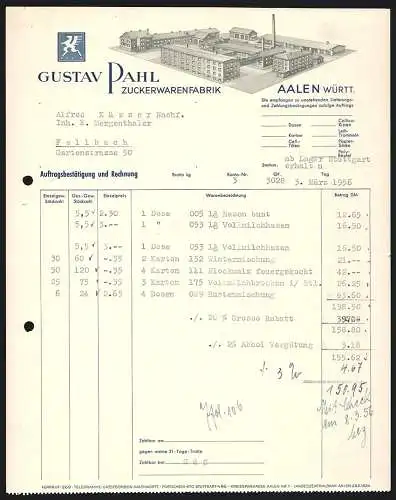 Rechnung Aalen /Württ. 1956, Gustav Pahl, Zuckerwarenfabrik, Modellansicht des Betriebsgeländes, Greif-Fabrikmarke
