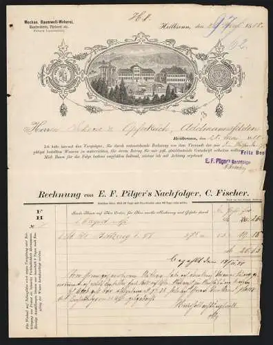 Rechnung Heilbronn 1888, C. F. Fischer, Mechan. Baumwoll-Weberei, Pferdekutsche am Geschäftsgelände, Preis-Medaille