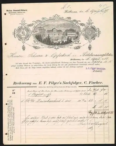 Rechnung Heilbronn 1888, C. F. Fischer, Mechan. Baumwoll-Weberei, Springbrunnen auf dem Geschäftsgelände, Preis-Medaille