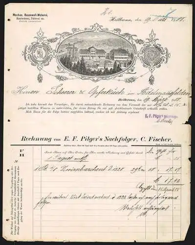 Rechnung Heilbronn 1888, C. F. Fischer, Mechan. Baumwoll-Weberei, Pferdekutsche am Betriebsgelände, Preis-Medaille
