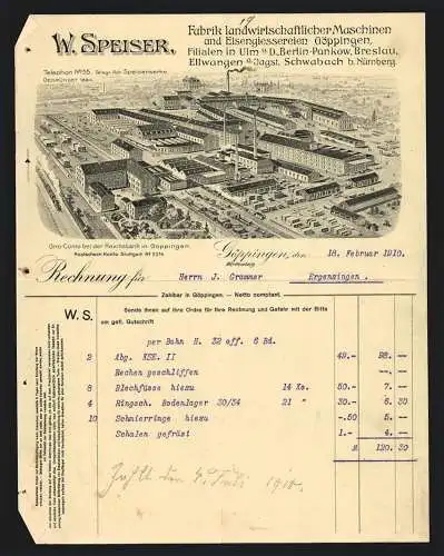 Rechnung Göppingen 1910, W. Speiser, Fabrik landwirtschaftl. Maschinen, Gesamtansicht des Betriebsgeländes