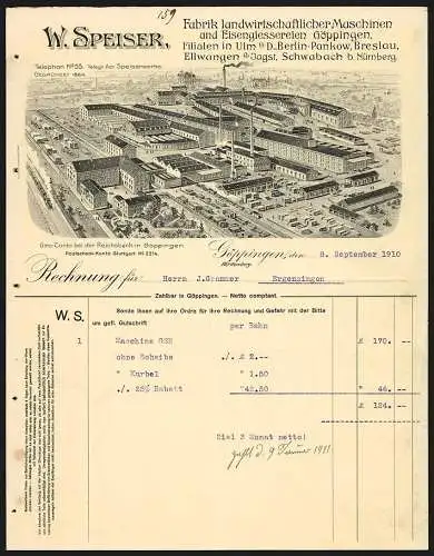 Rechnung Göppingen 1910, W. Speiser, Fabrik landwirtschaftl. Maschinen, Gesamtansicht des Fabrikgeländes