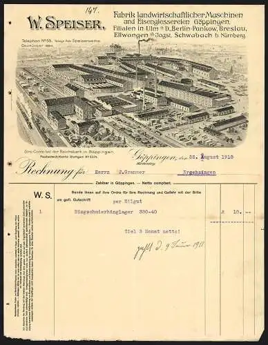 Rechnung Göppingen 1910, W. Speiser, Fabrik landwirtschaftl. Maschinen, Gesamtansicht der Fabrikanlage mit Lagerplätzen