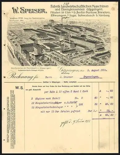 Rechnung Göppingen 1910, W. Speiser, Fabrik landwirtschaftl. Maschinen, Gesamtansicht der Betriebsanlage mit Gleisanlage