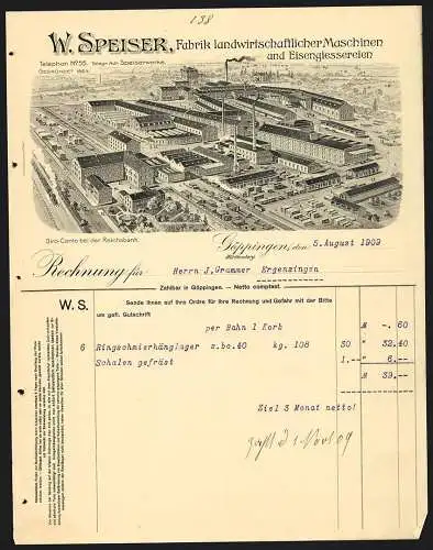 Rechnung Göppingen 1909, W. Speiser, Fabrik landwirtschaftl. Maschinen, Gesamtansicht der Fabrikanlage