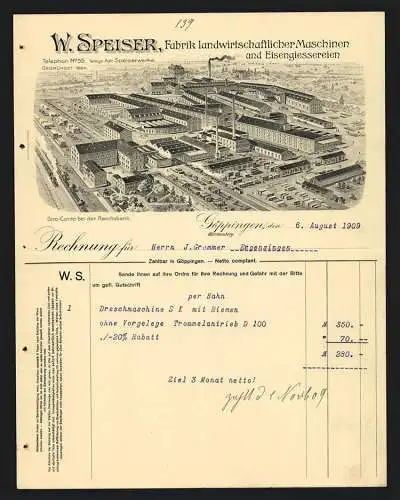Rechnung Göppingen 1909, W. Speiser, Fabrik landwirtschaftl. Maschinen, Gesamtansicht der Betriebsanlage
