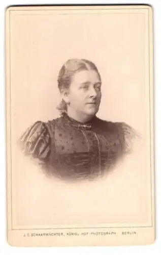 Fotografie J. C. Schaarwächter, Berlin, Leipzigerstr. 130, Portrait Dame in besticktem Kleid