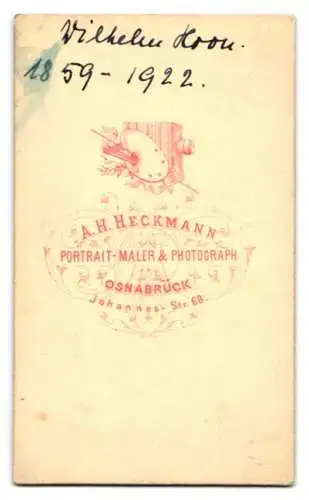 Fotografie A. H. Heckmann, Osnabrück, Johannes-Str. 68, Portrait Wilhelm Hoon in schlichtem Anzug