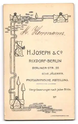 Fotografie H. Joseph & Co, Berlin, Berliner-Str. 55, Portrait M. Herrmann in tailliertem Kleid mit Strauss