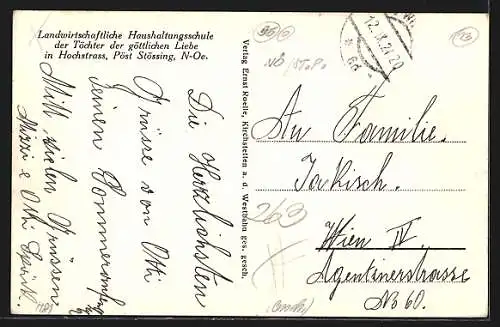 AK Stössing, Landwirtschaftliche Haushaltungsschule Hochstrass der Töchter der göttlichen Liebe