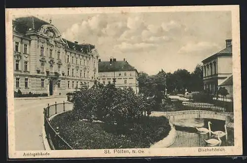AK St. Pölten /N.-Oe., Amtsgebäude und Schwäne auf dem Bischofsteich