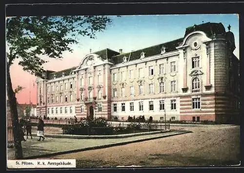 AK St. Pölten /N.-Oe., K. k. Amtsgebäude bei Abendstimmung