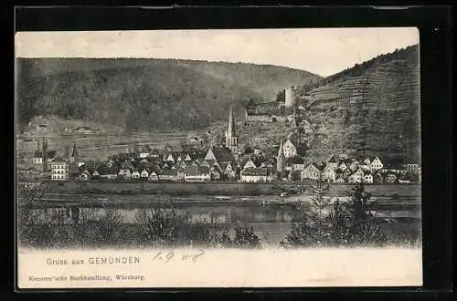 AK Gemünden / Main, Ortsansicht mit Kirche und Burg