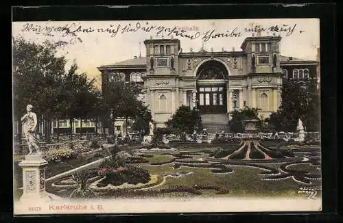 AK Karlsruhe i. B., Festhalle mit Parkanlagen
