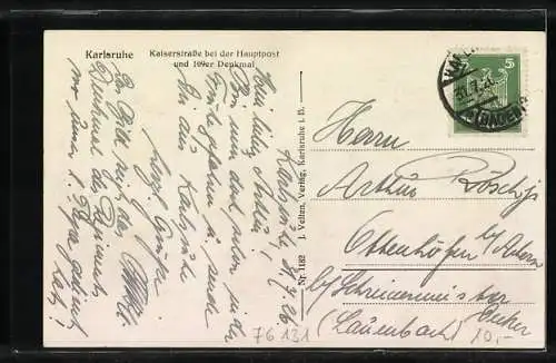 AK Karlsruhe, Kaiserstrasse bei der Hauptpost und 109er Denkmal