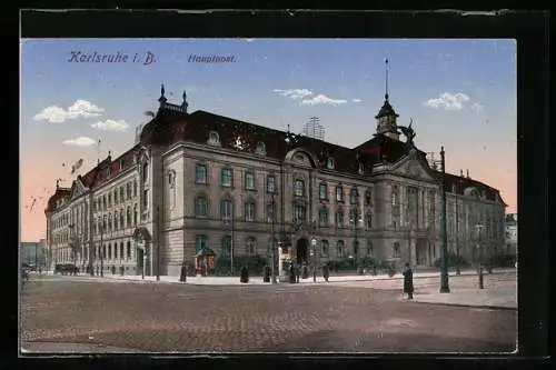 AK Karlsruhe i. B., Hauptpost mit Strassenpartie