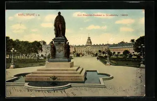 AK Karlsruhe i. B., Karl Friedrich-Denkmal u. Grossherzogl. Schloss