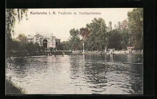 AK Karlsruhe i. B., Stadtgartensee u. Festhalle