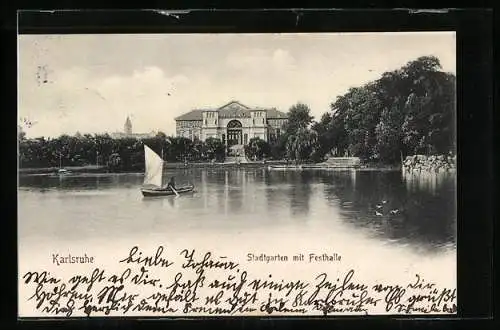 AK Karlsruhe, Stadtgarten mit Festhalle